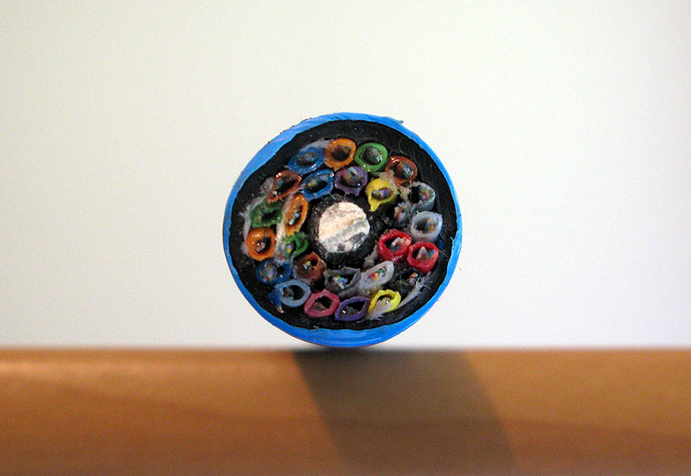 A close-up of a transverse cross-section of fibre-optic cable showing multi-coloured fibres and a chalky-coloured core.