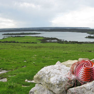 Telephone-wire basket resting on lichen-covered, limestone rocks on the hills above Pelican Lagoon, Kangaroo Island.