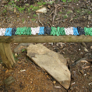 Coils of telephone wire in white, blue, black, light metallic green and dark metallic green, on a bench at Billy Goat Falls, Kangaroo Island.