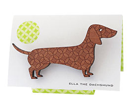 Doxie brooch in Tasmanian Myrtle wood with a delicate laser-engraved retro circle pattern.