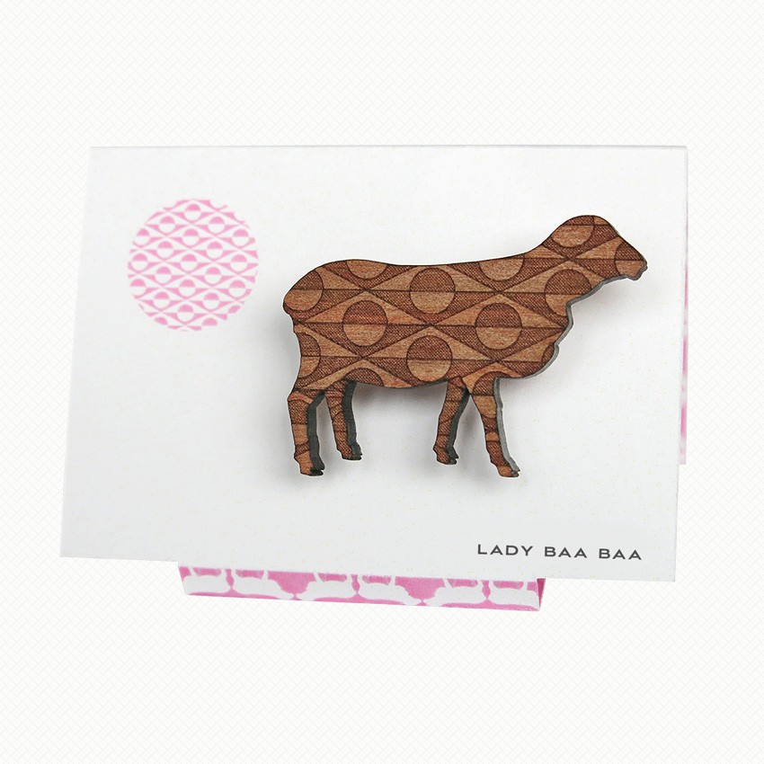 Lady Baa Baa sheep brooch in Tasmanian myrtle Sheep brooch in Tasmanian Myrtle wood with a delicate laser-engraved geometric art-deco pattern.