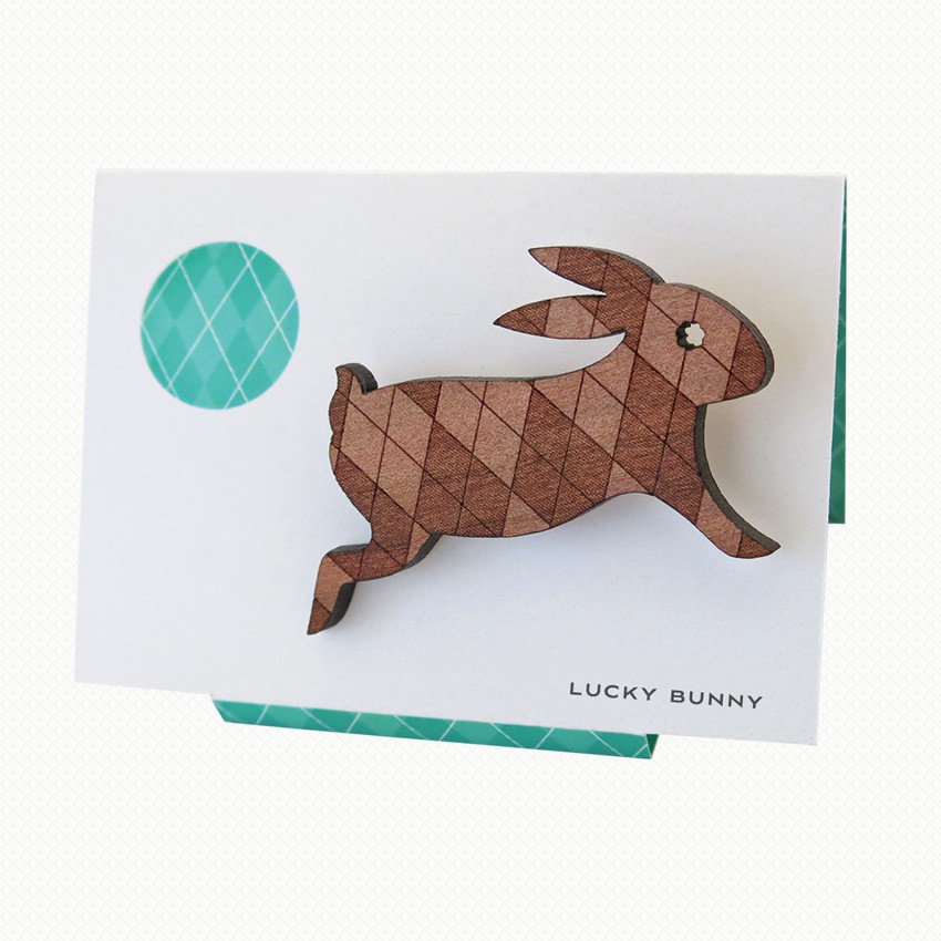 Lucky Bunny rabbit brooch in Tasmanian myrtle Cute rabbit brooch in Tasmanian Myrtle wood with a delicately laser-engraved retro argyle pattern.