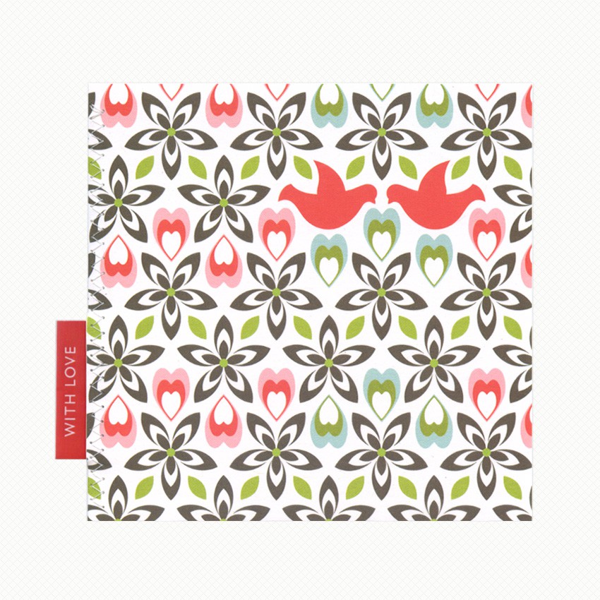 Mexican Lovebirds greeting card in the Frida colourway Sweet greeting card featuring two red kissing doves amid a repeating pattern of abstract flowers and leaves