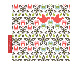 Sweet greeting card featuring two red kissing doves amid a repeating pattern of abstract flowers and leaves