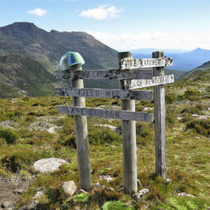 Telephone wire basket on a signpost pointing to Naturaliste Peak, Mt Field West and Lake Dobson, with Naturaliste Peak and Mt Field West in the background.