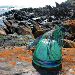 Telephone-wire basket in its early stage, on rocks covered in rusty-orange lichen near Penneshaw, Kangaroo Island.