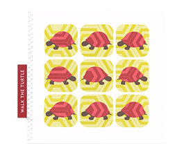 Walk the turtle greeting card. Turtles against a hexagon patterned background in raspberry red and deep lemon yellow.
