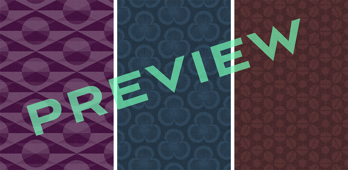 Preview of three retro-inspired, patterned wallpapers for iPhone 4S and iPhone 5 in the eggplant, ink and chocolate colourways