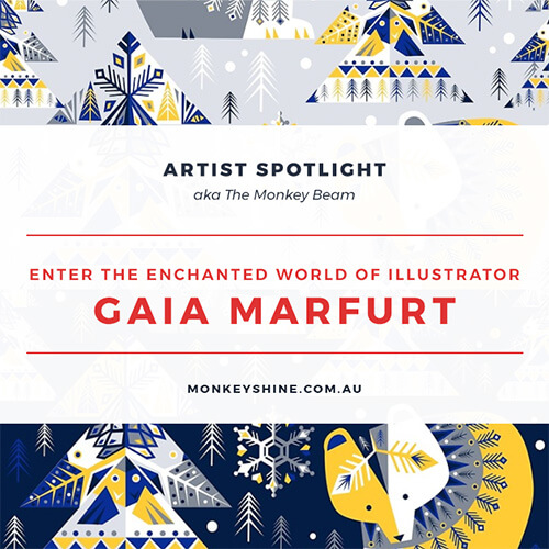 Artist Spotlight. Enter the enchanted world of Illustrator Gaia Marfurt. Background image is her Geometric Winter pattern.